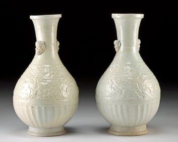 Song-Yuan Qingbai Peony Vases w/ Demon Mask Lugs