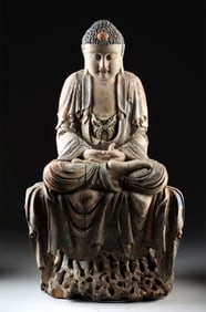 Ming Wood Shakyamuni Buddha - Triratna Touching Gesture