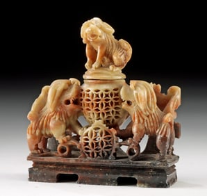 Chinese Shoushan Stone Fu Lion Carving / Censer Vessel