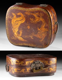 Chinese Dragon & Phoenix Lacquered Wooden Storage Box
