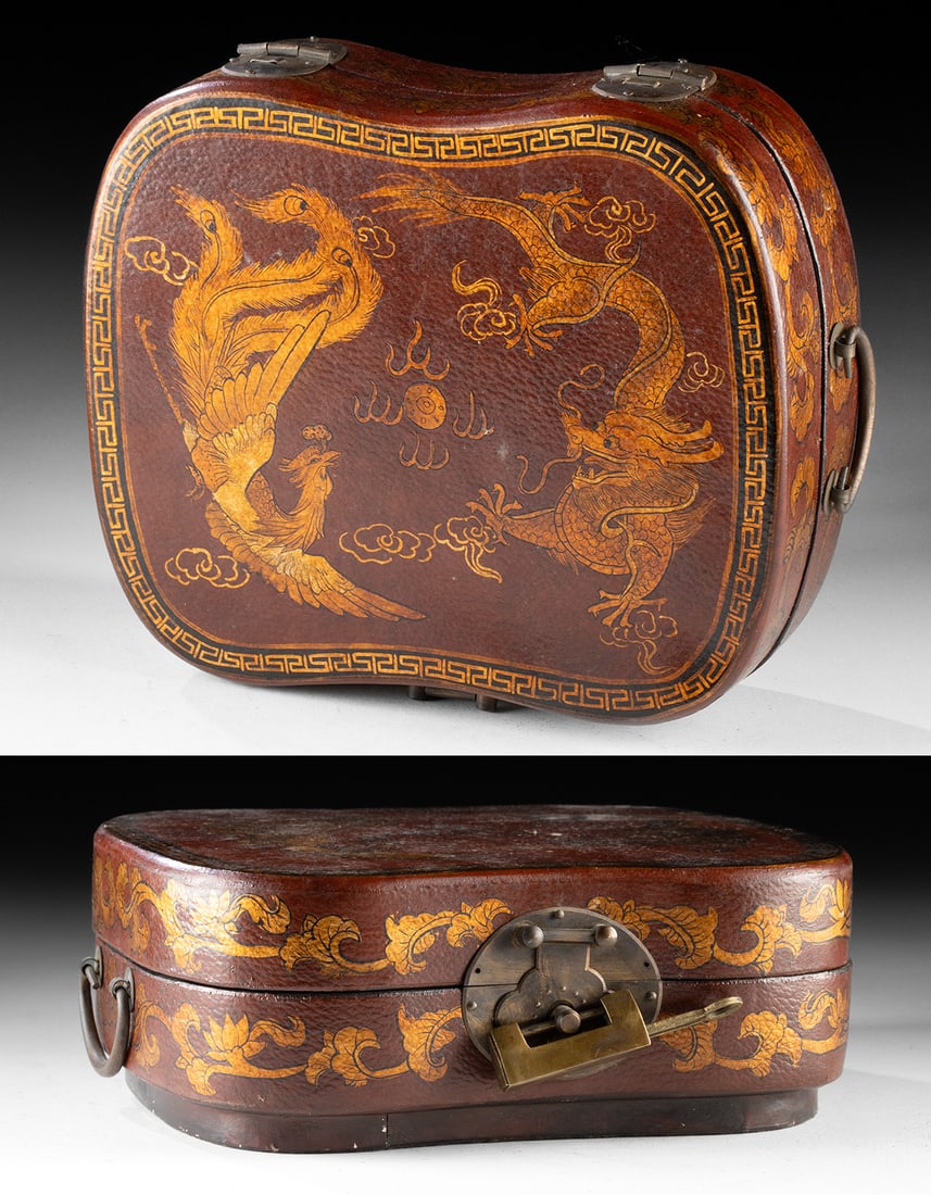 Chinese Dragon & Phoenix Lacquered Wooden Storage Box (1 of 4)