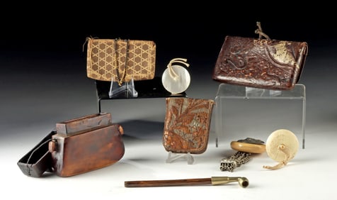 19th C. Japanese Sagemono Pouches, Netsuke & Pipe
