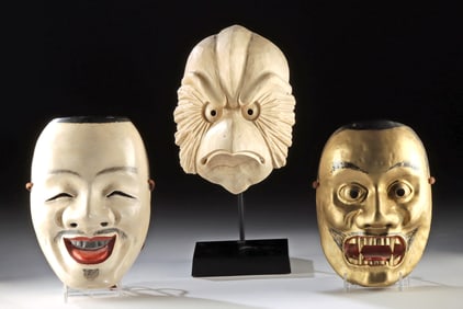 Three Japanese Wood Noh Theater Masks of Deities & Bird