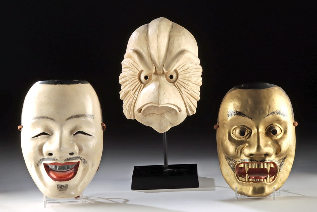Three Japanese Wood Noh Theater Masks of Deities & Bird: East Asia, Japan, ca. mid to late 20th century CE. A trio of traditional Japanese Noh theatre masks, each hand-carved in wood- but only two are finished with rich layers of lacquer and pigment. These 