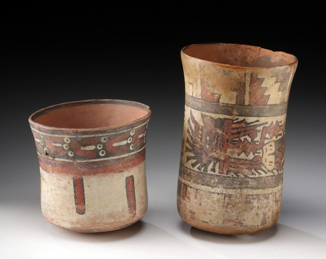 Two Nazca Polychrome Drinking Vessels - Mythic Designs (1 of 3)