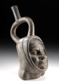 Moche Blackware Portrait Stirrup Vessel - Phase IV