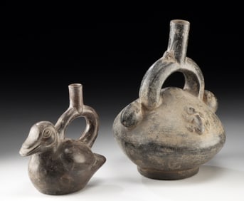 Pair of Chimu Blackware Stirrup Vessels, Duck & Frogs