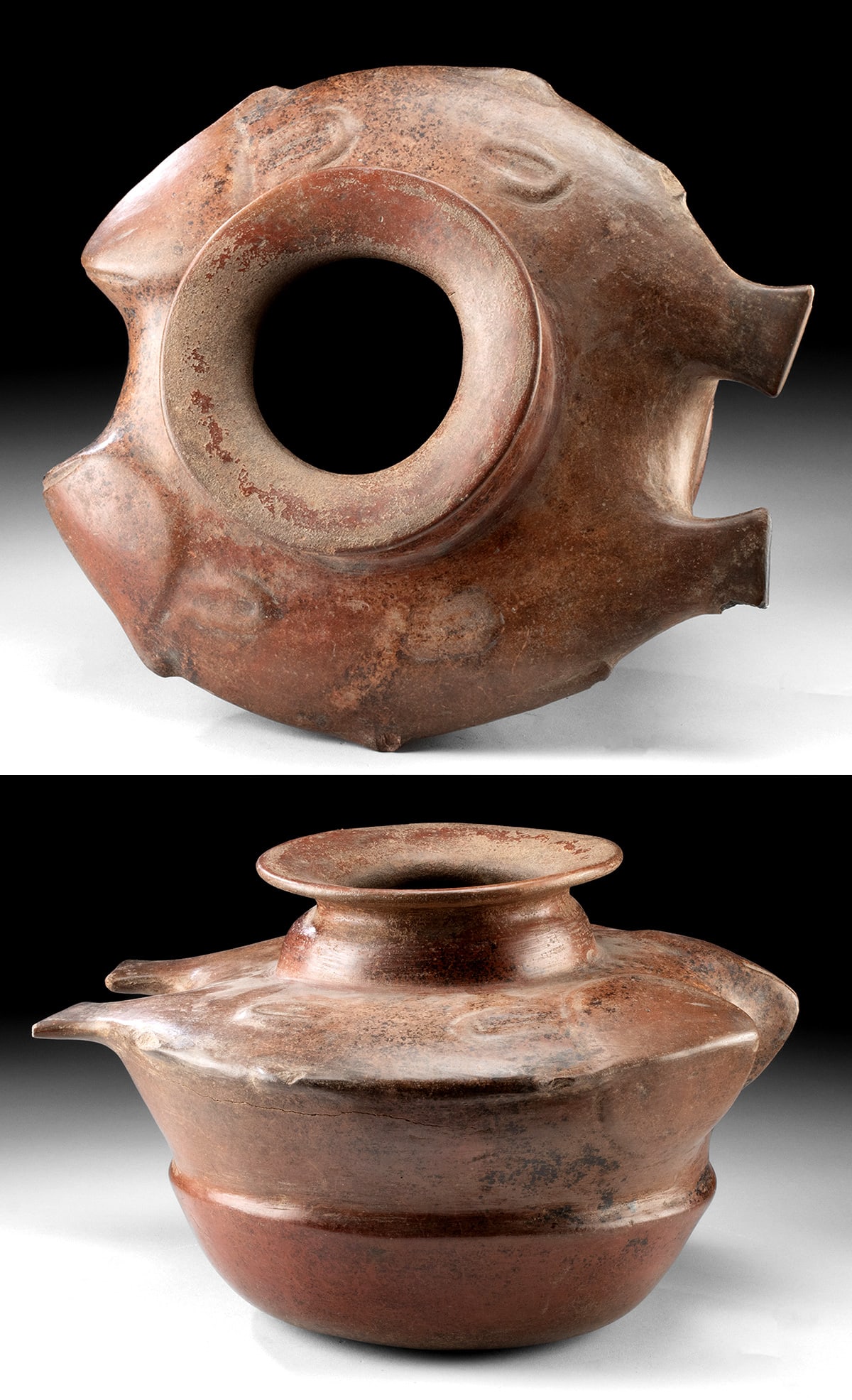 Rare Colima Redware Olla - Catfish Motif: Pre-Columbian, West Mexico, Colima, ca. 200 BCE to 300 CE. A rare and visually striking redware pottery olla from the Colima tradition of West Mexico, masterfully modeled as a pair of stylized fish?li