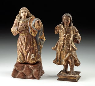 2 Baroque Gilt Wood Figures - Angel & Mary w/ Glass Eye