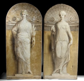 2 Huge Neoclassical Trompe L'oeil Paintings - Goddesses