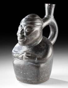 Chimu Blackware Pottery Figural Portrait Stirrup Vessel