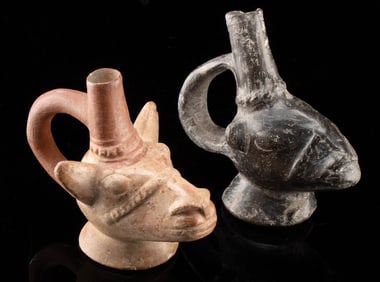 Two Near-Miniature Moche Pottery Llama Head Vessels