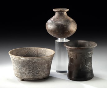3 Teotihuacan Blackware Vessels - Monkeys & Abstract