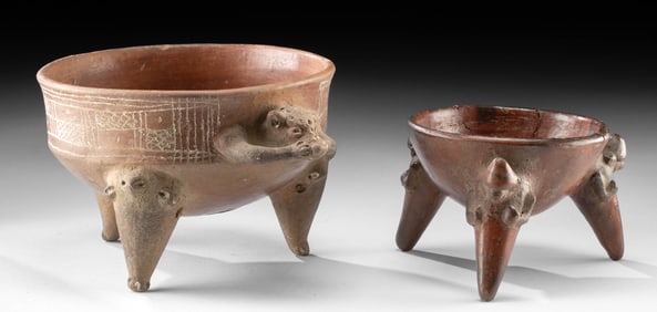 Two Maya & Costa Rican Tripod Bowls - Monkeys & Jaguar