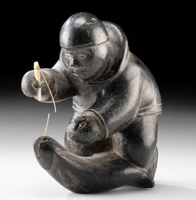 Inuit Soapstone Carving of Fisherman Catching a Salmon