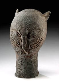 19th C. Benin Kingdom Brass Leopard Head w/ Fangs