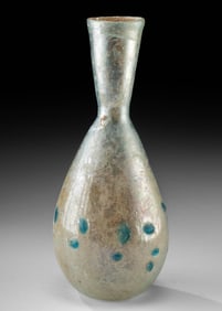 Iridescent Roman Glass Flask w/ Applied Blue Dots
