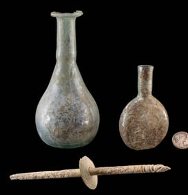 Two Roman Glass Vessels w/ Bone Spindel Whorl