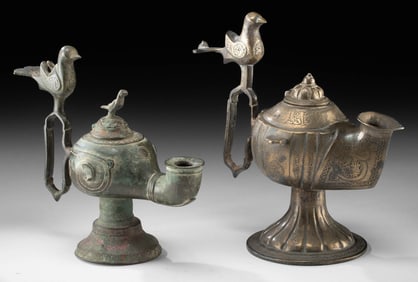 Pair of Seljuk Brass Oil Lamps - Birds & Calligraphy