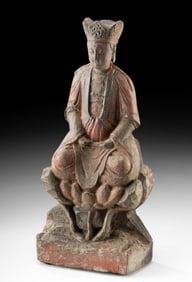 Chinese Qing 18th C. Guanyin Lotus Throne Wood Statue