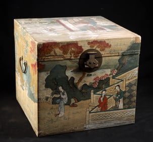 Fine Chinese Qing 19th C. Painted Pigskin Storage Chest