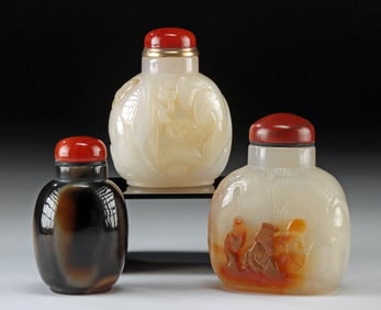 Three Chinese Peking Glass Snuff Bottles & Stopper Lids