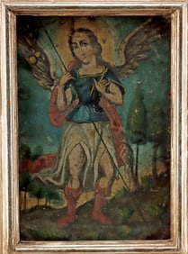 19th C. Mexican Painted Tin Retablo - Archangel Raphael