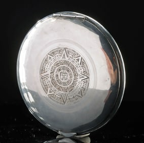 Mexican Silver Mirrored Compact w/ Aztec Calendar Motif
