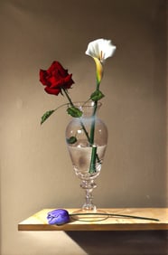 Javier Mulio Painting - "Blue Tulip with Rose and Lily"