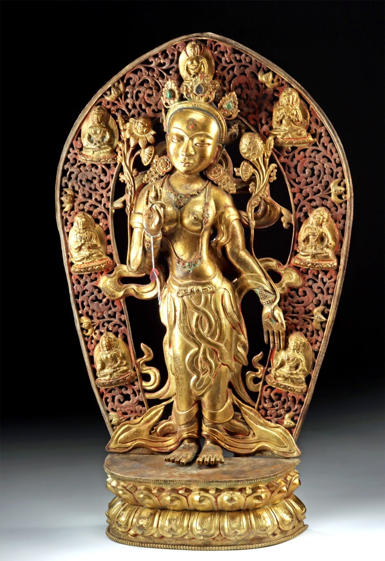 Large 17th C. Tibetan Gilt Copper Tara w/ Inset Stones (1 of 4)