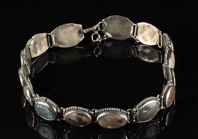 20th C. Chinese Nickel Silver Belt with 15 Stone Inlays
