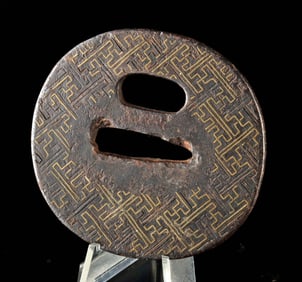 19th C. Japanese Edo Iron Tsuba Guard w/ Copper Inlay