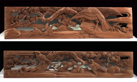 Two Japanese Meiji Wood Transoms of Birds & Eagle