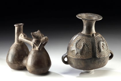 Pair of Chimu Blackware Vessels - Aryballos & Whistle