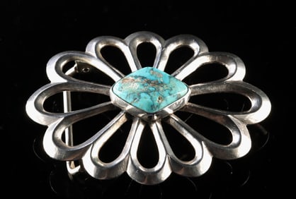 Navajo Sandcast Silver & Turquoise Rosette Belt Buckle