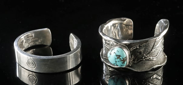 Two Native American Sterling Silver & Turquoise Cuffs