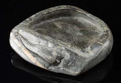 Inuit Soapstone Seal Oil Lamp w/ Whale Signed Pangnark