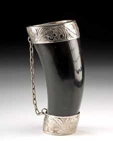 South American Cow Horn Mate Vessel w/ Silver Mounts