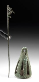 Luristan Iron Age Bronze Cloak Pin & Bell