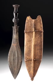 African Luba 19th C. Iron Short Sword in Wood Sheath