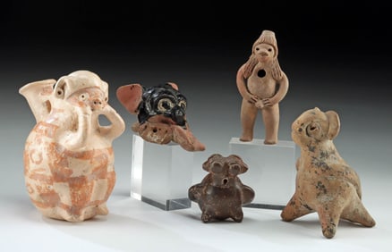 5 Pre-Columbian Whistles, Recuay, Veracruz & Colima