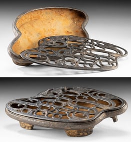 Japanese Iron Ikebana Suiban Vessel with Frog & Lilies