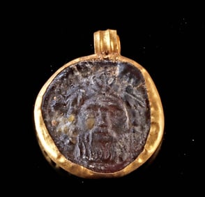 Roman Gold Pendant - Mask of Silenus in Violet Glass