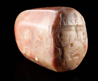 Mesopotamian Red Stone Stamp Seal with Faravahar Symbol