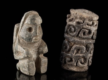 Mezcala Stone Kneeling Figure & Pottery Roller Stamp
