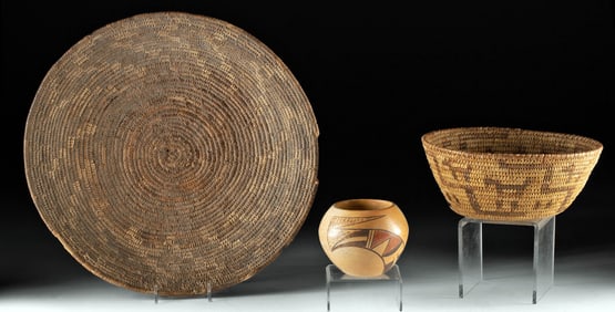 Pima Basketry Tray, Pictorial Bowl, & Hopi Sikyatki Pot