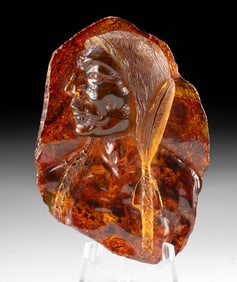 Natural Amber Relief Carving of Native American Man