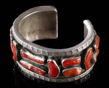Navajo Silver & Coral Cuff Bracelet by V. Hicks
