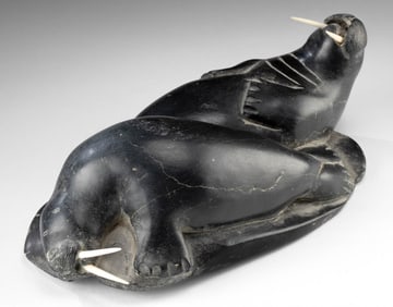 Canadian Inuit Soapstone Walruses with Bone Tusks
