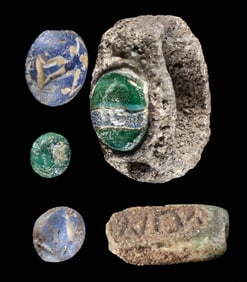 Roman Silver / Glass Ring, 3 Intaglios + Stone Bead